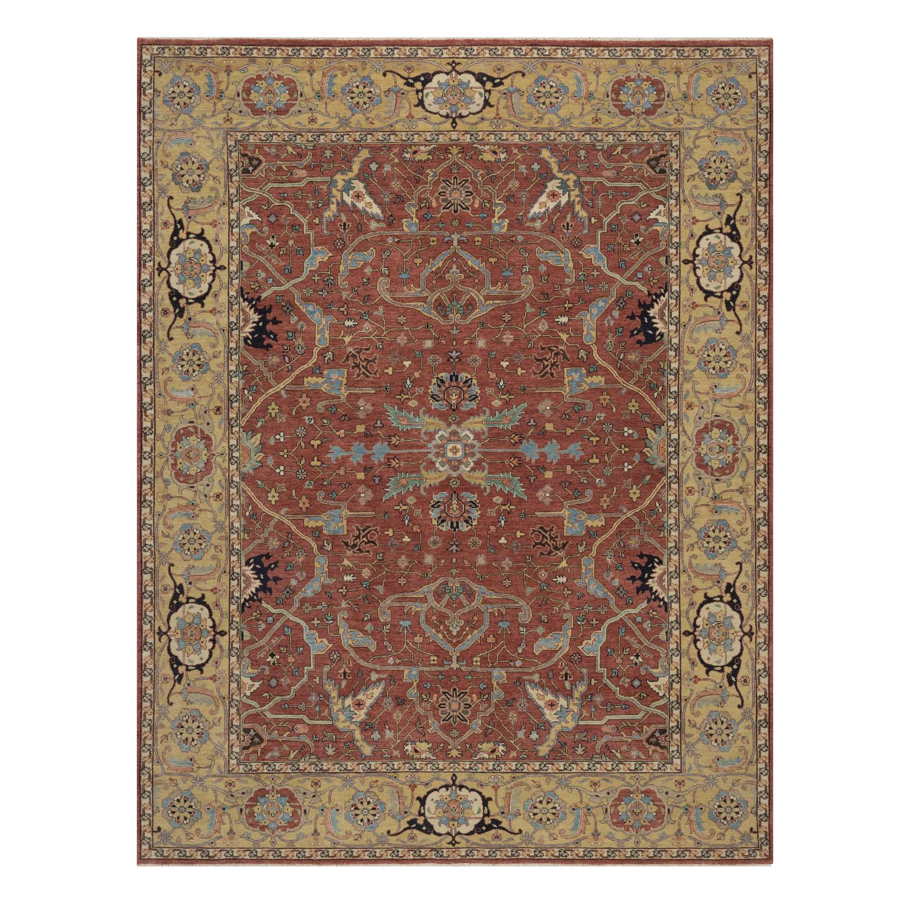 7'10"x10'1" Auburn Red, Antiqued Fine Heriz Re-Creation, All Over Design, Hand Spun New Zealand Wool, Hand Knotted, Soft Pile, Vegetable Dyes, Oriental Rug 